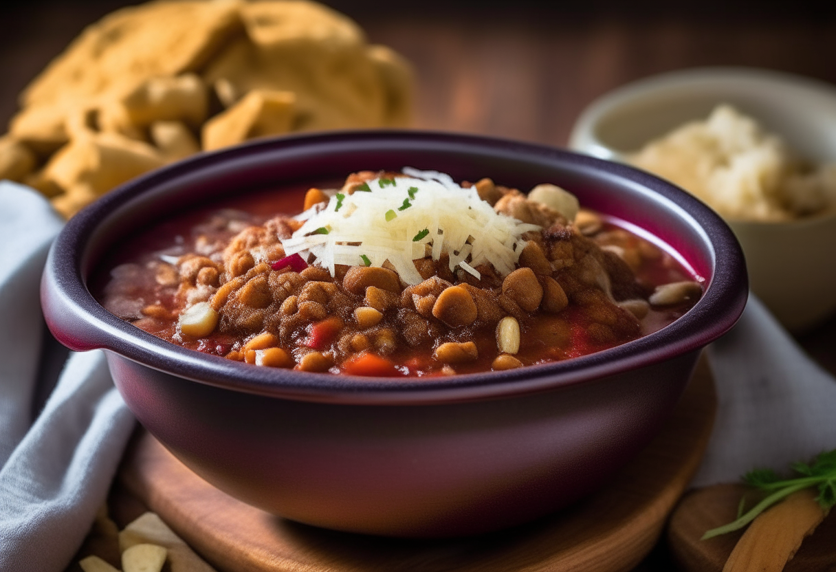 A rustic bowl filled with red, white and black bean chili topped with cheese and cilantro. Next to it is cornbread. In the background, an American flag waves and cowboy boots sit in the corner.