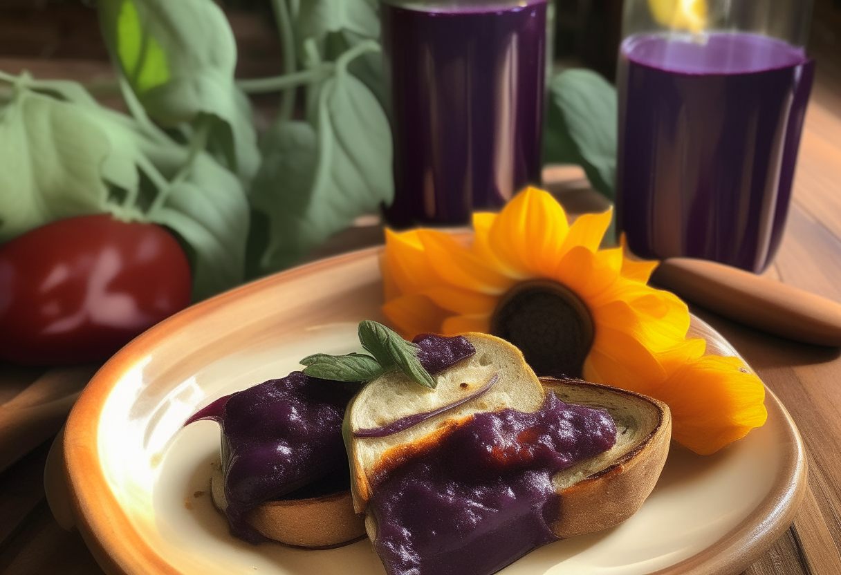 Sliced eggplant layered with tomato sauce, cheese and basil on a wooden table. Next to it is garlic bread and a glass of red wine. Sunflowers in a mason jar complete the American farmhouse style scene.