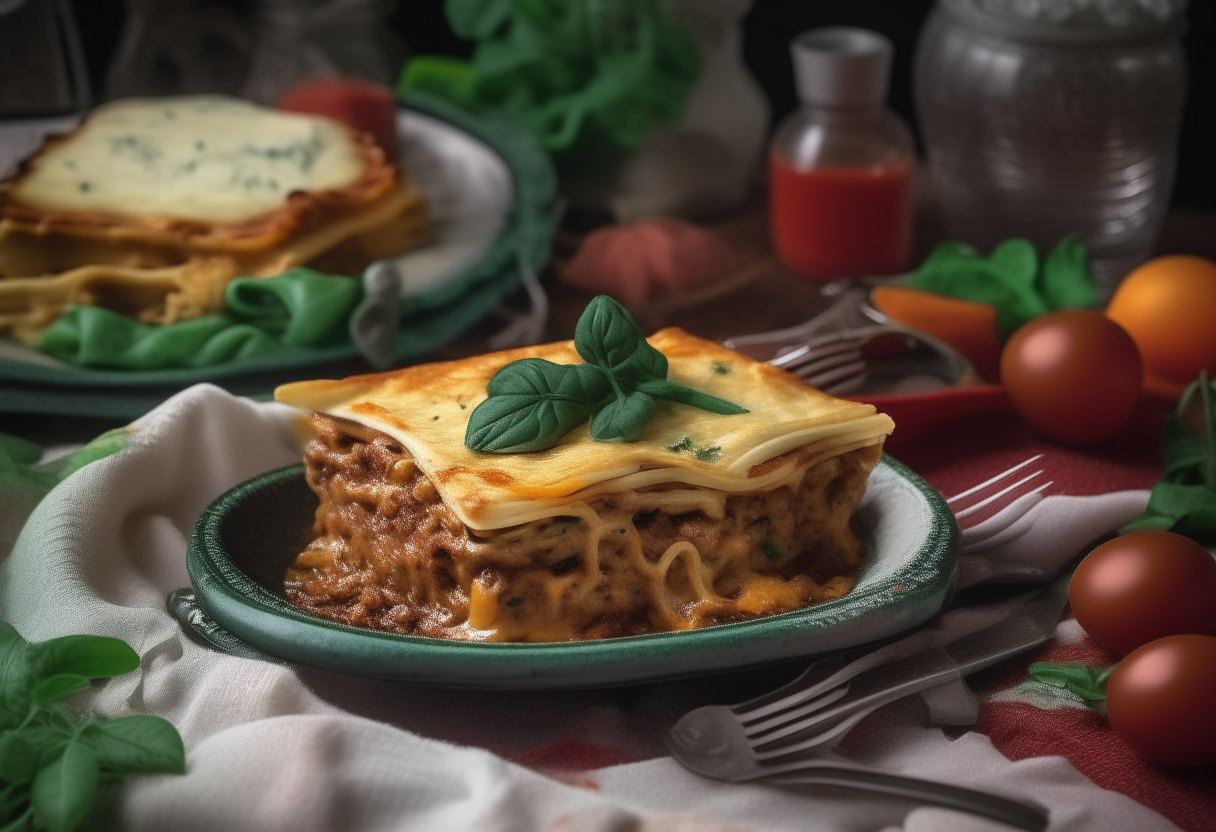 A lasagna dish with layers of pasta, spinach, mushrooms, peppers and cheese. Next to it are ingredients like basil, tomato and garlic. The table has a checkered cloth napkin and vintage fork, with a candle for a cozy American dinner scene.