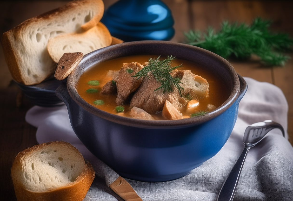 A deep bowl filled with lamb stew garnished with rosemary and thyme, next to crusty bread. The bowl sits on a wooden table with a spoon, candle and blue napkin for a cozy American dinner.