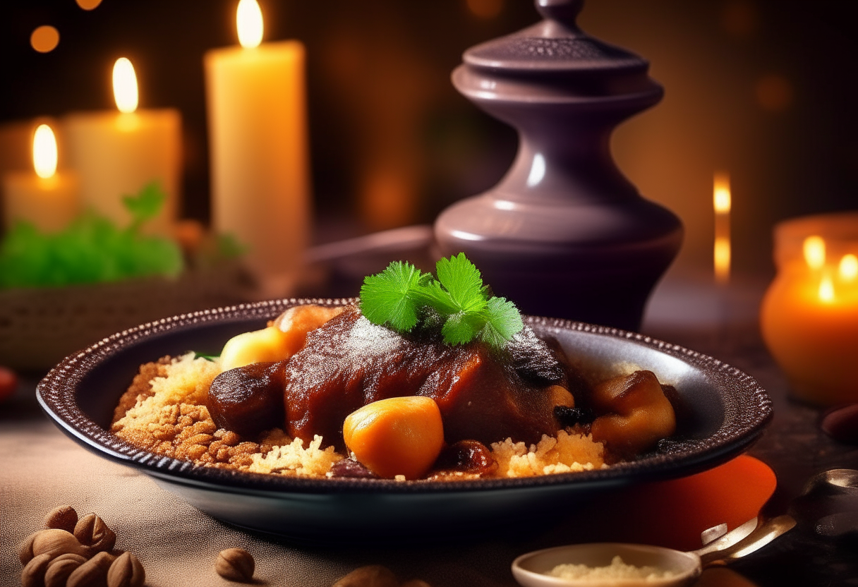 A Moroccan tagine filled with lamb, apricots, prunes, almonds and tomato sauce. Garnished with cilantro and sesame seeds, next to couscous. Lit by amber lanterns for an exotic scene.