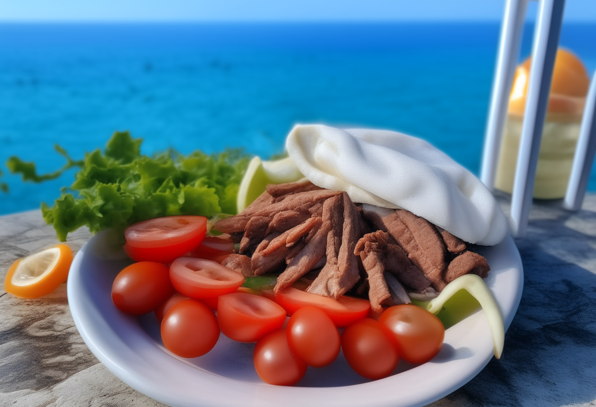 A gyro filled with lamb, tomatoes, onions, lettuce and tzatziki sauce next to fries on a table by the blue Aegean Sea in Greece.