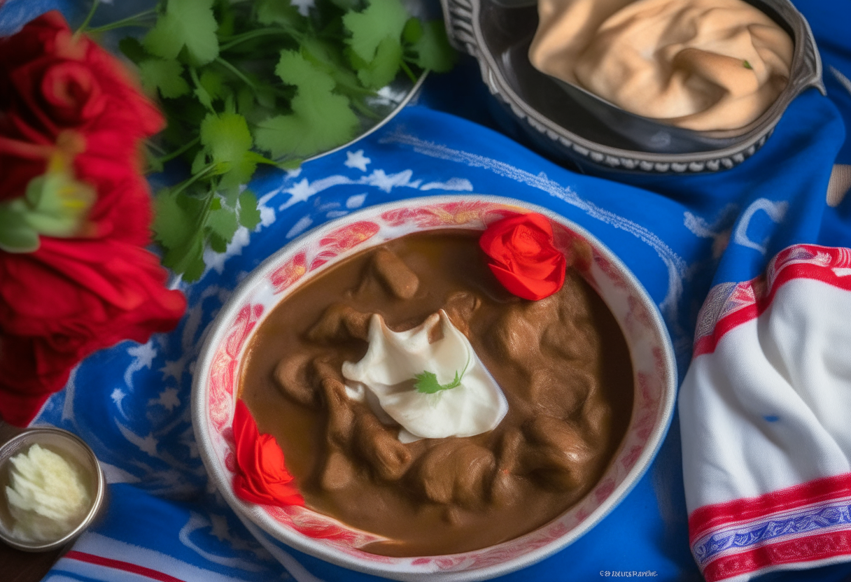 A bowl of lamb curry with naan bread, coriander garnish and yogurt. An American flag cloth, mason jar of tea and red white blue flowers decorate the background.