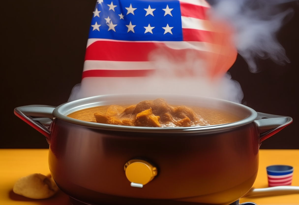 A crockpot filled with golden lamb curry, emitting steam as it slowly cooks. An American flag is draped nearby for decoration.