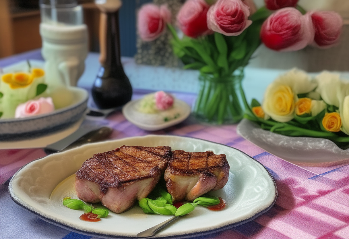 Seared lamb chops, mashed potatoes, green beans on an American diner table with a quilt, mason jar and flowers in the background.