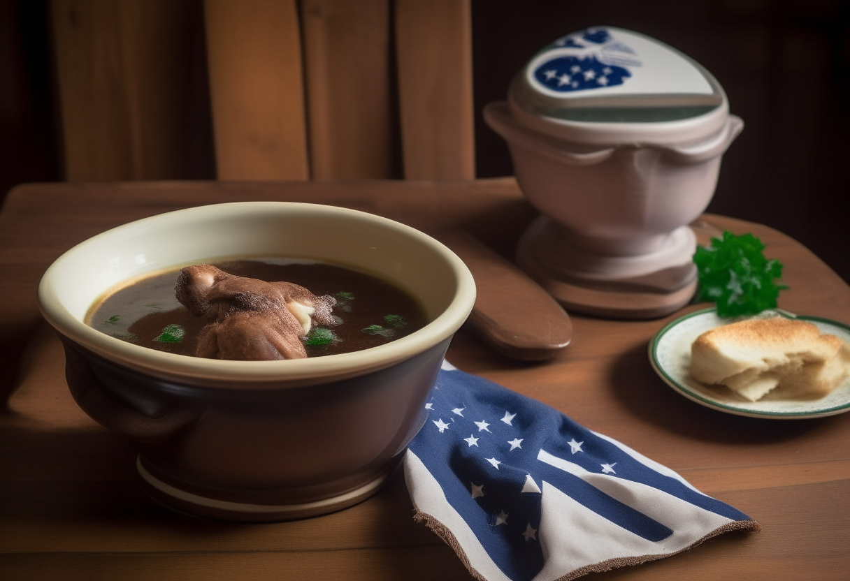 A ceramic bowl of Irish lamb stew garnished with herbs on a wooden table. Next to it is bread and butter with an eagle imprint. An American flag hangs in the background.