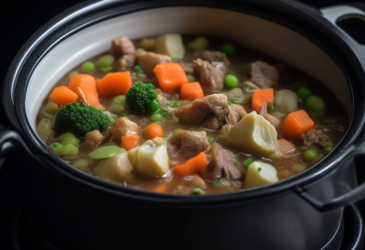 A crockpot filled with Irish lamb stew, with potatoes, carrots, peas, and lamb. It is cooking with the lid on, emitting wisps of steam.