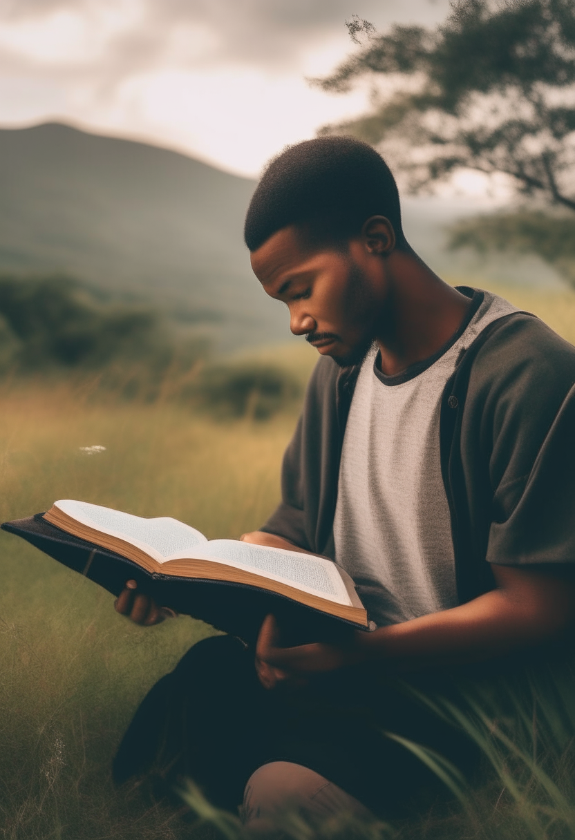 Create an image of a person reading the bible with nature in the background
