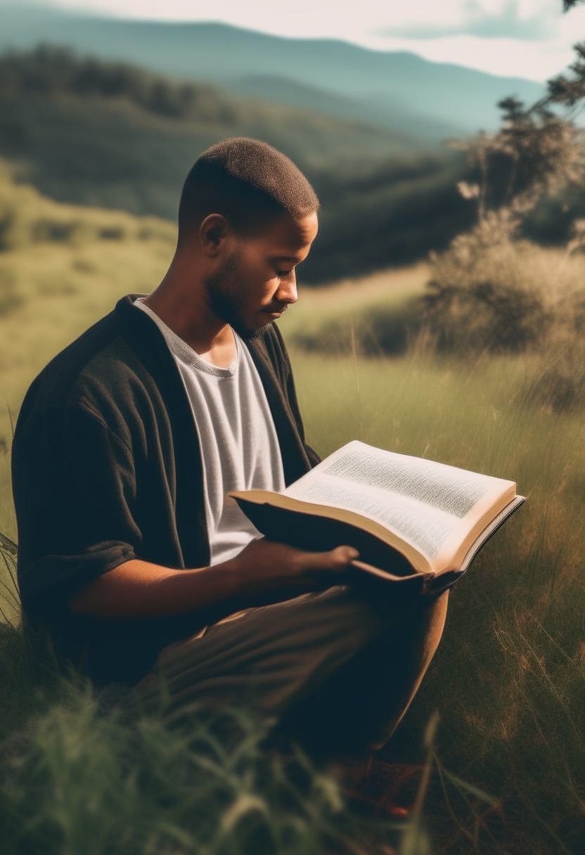 Create an image of a person reading the bible with nature in the background