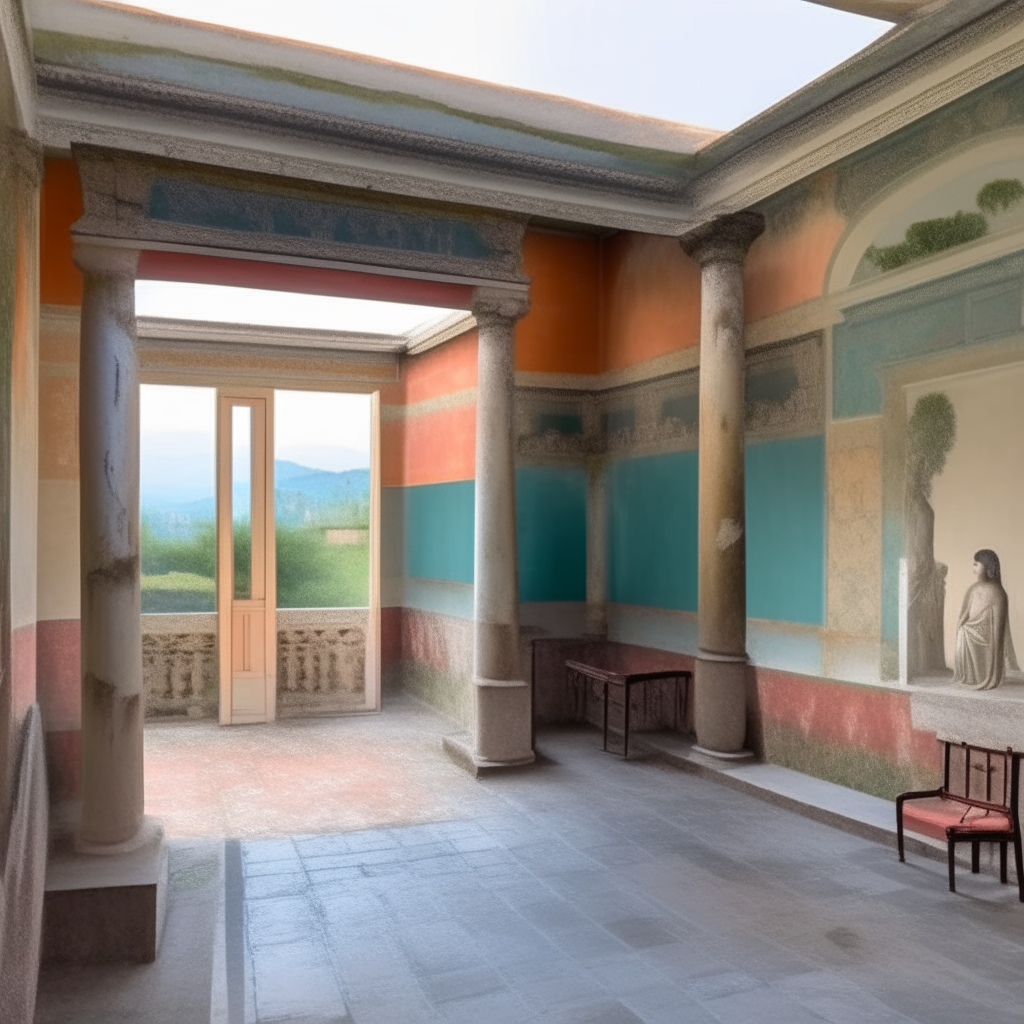 ancient roman villa with portico, painted walls with frescoes in the style of Pompeii, near the sea in the gulf of naples