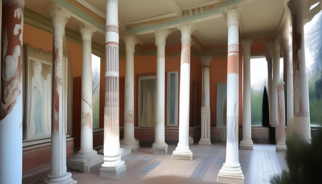 an ancient Roman villa with tall white columns supporting an arched portico, and painted frescoes decorating the walls