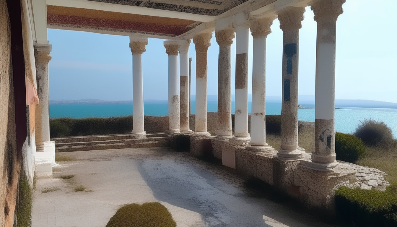 an ancient Roman villa with tall white columns supporting an arched portico, and painted frescoes decorating the walls. In the background is the sea in the Gulf of Gaeta.