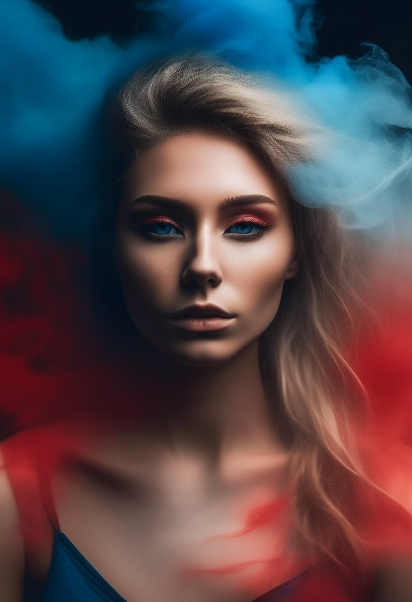 A beautiful woman, her skin color is white, her hair is blond, her body is slim, her eyes are black, she is wearing red and blue, and the background is thick blue smoke rising around her. 