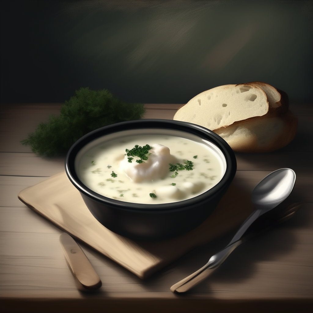 a bowl of creamy clam chowder garnished with parsley and black pepper, served with a bread roll on the side on a rustic wooden table with silverware, photorealistic painting