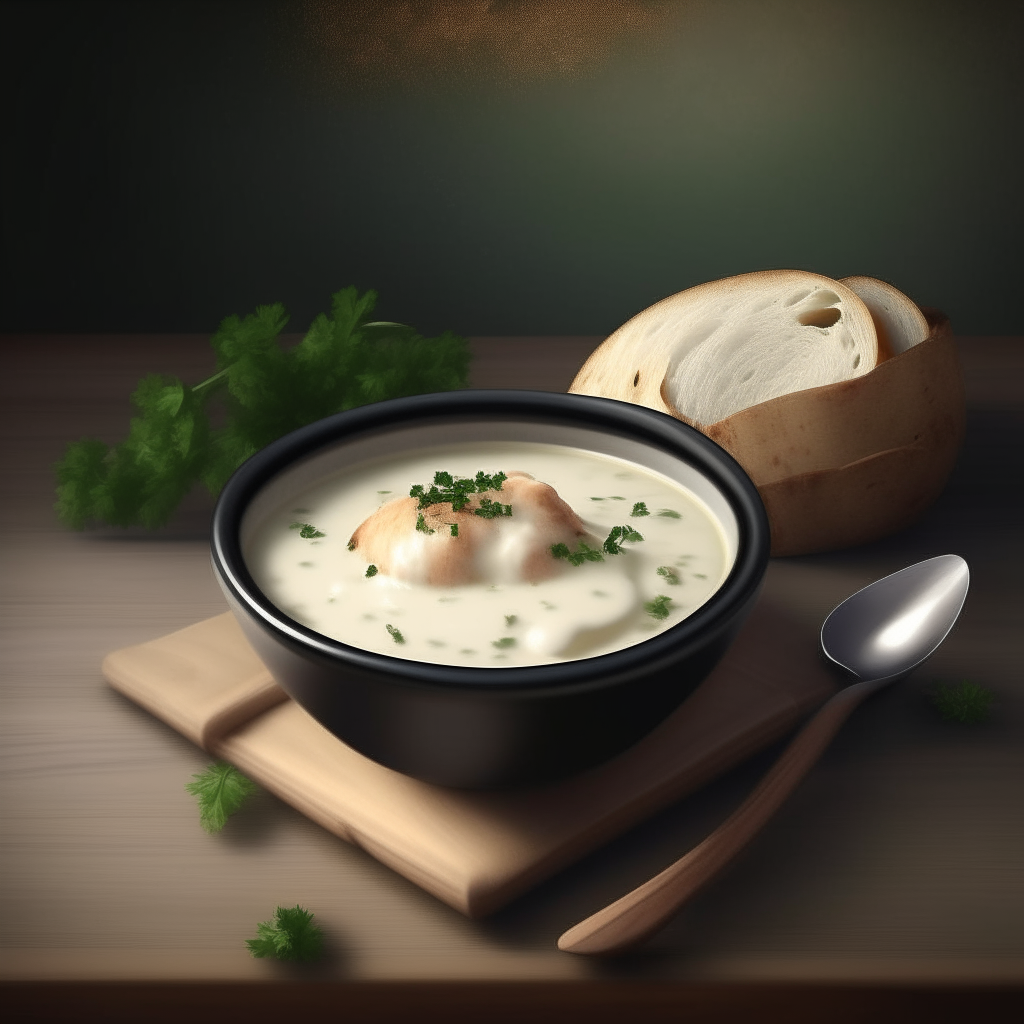 a bowl of creamy clam chowder garnished with parsley and black pepper, served with a bread roll on the side on a rustic wooden table, photorealistic painting