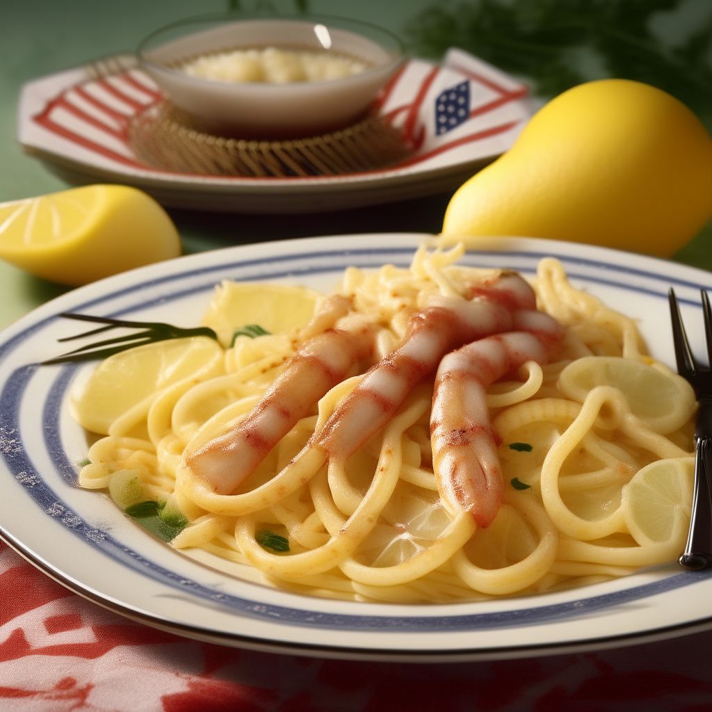 a plate of shrimp scampi over linguine pasta, with lemon wedges, parmesan and american flag toothpicks on a decorative platter, photorealistic