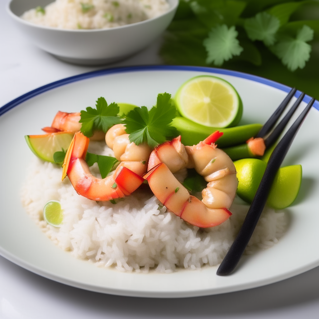 A plate of thai coconut shrimp curry with vegetables served over rice, with a lime wedge, cilantro and an american flag toothpick