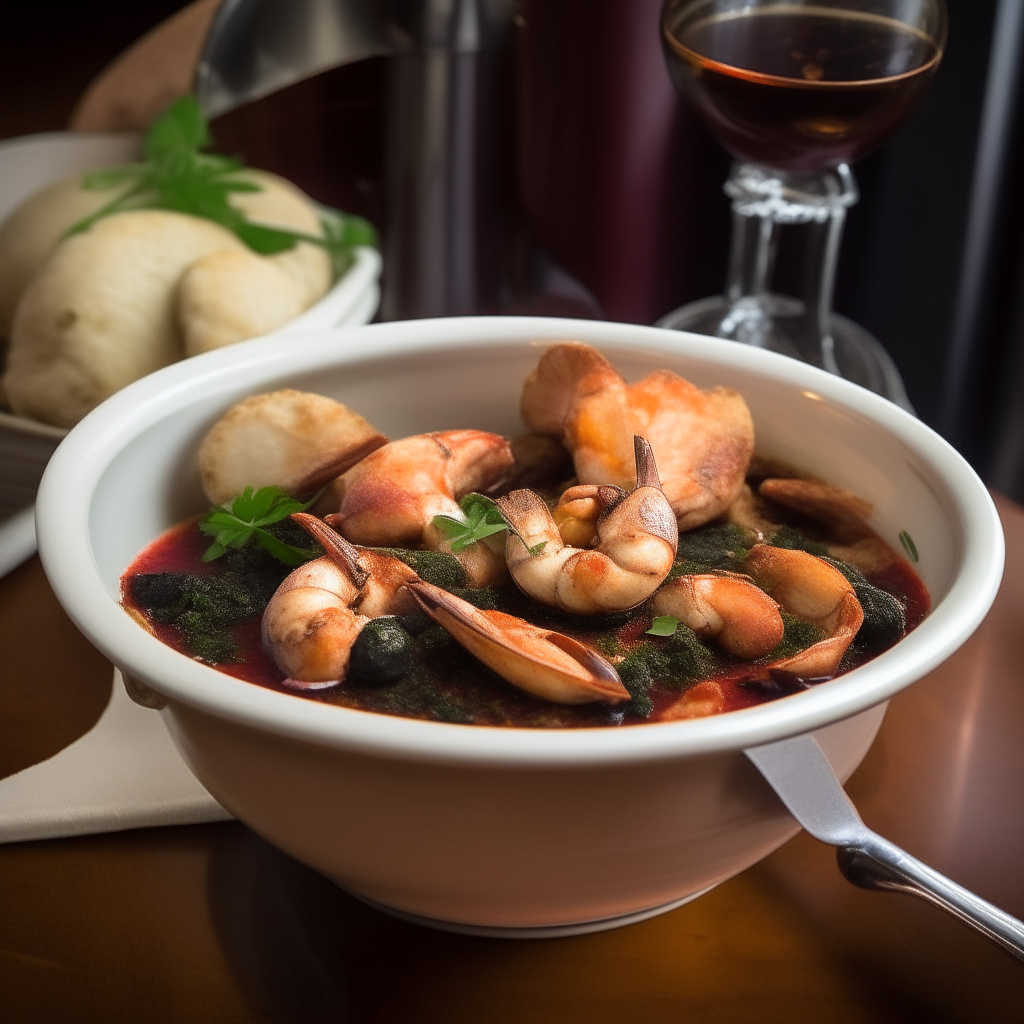 A bowl of cioppino stew garnished with parsley, next to a bottle of red wine, american flag and statue of liberty