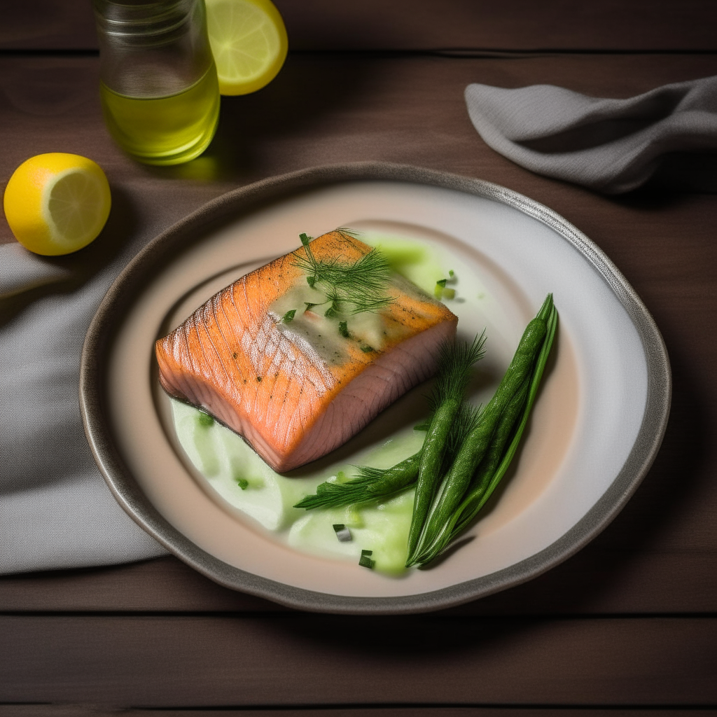 A grilled salmon fillet with lemon dill sauce and asparagus on a plate, next to an American flag napkin on a rustic wooden table