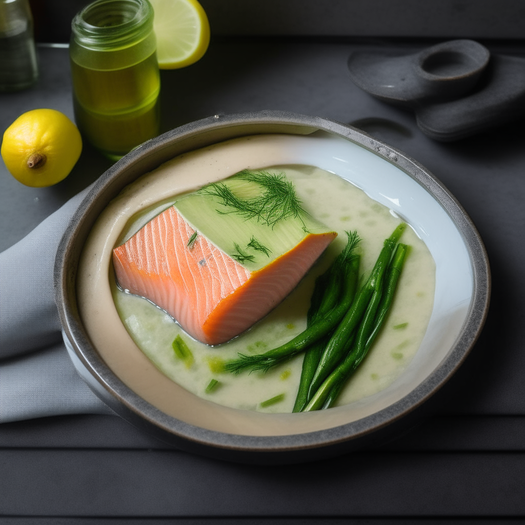 A salmon fillet with lemon dill sauce and asparagus cooking inside a crockpot