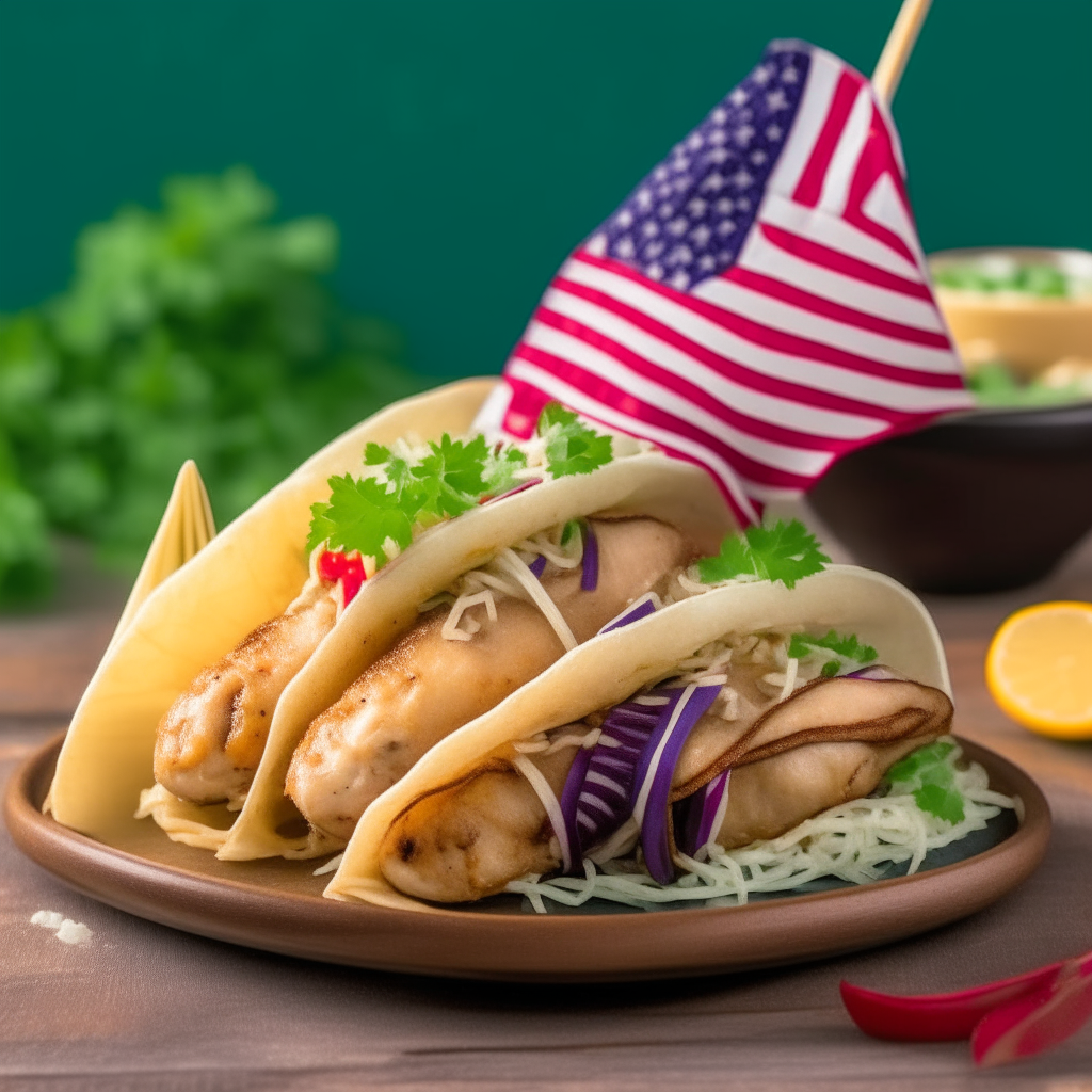 Two golden fish tacos filled with fish, cabbage slaw, sauce and cilantro, with american flag toothpicks on the sides