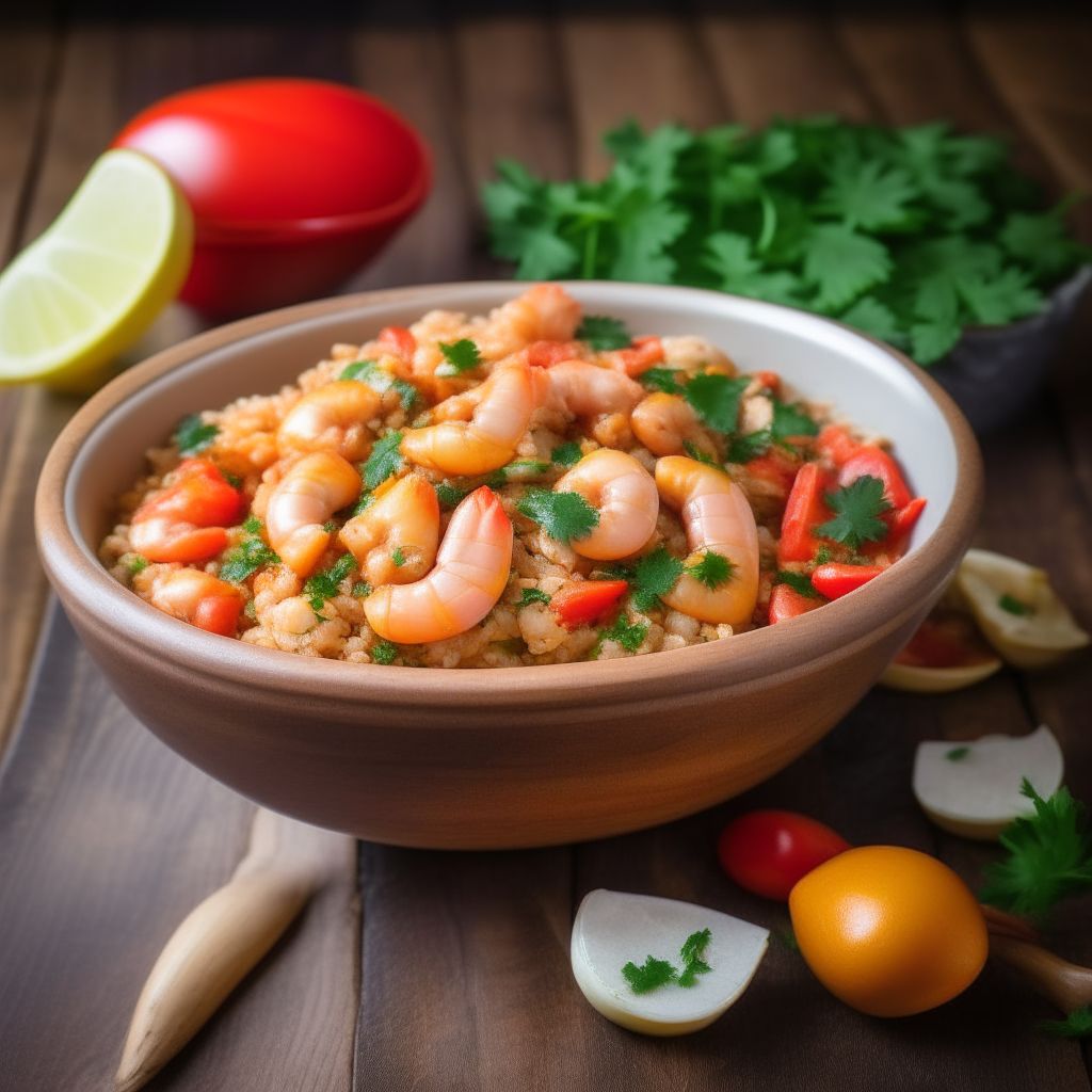 a bowl of seafood jambalaya with shrimp, tomatoes, bell peppers, parsley and lemon on a rustic wooden table