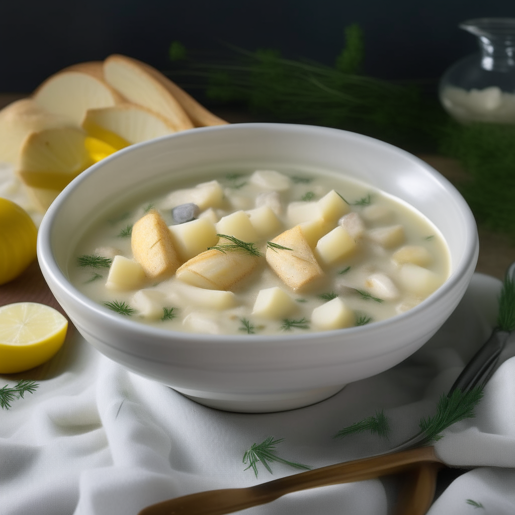 A bowl of creamy white fish chowder garnished with dill, served with oyster crackers, lemon wedge, lighthouse figurine and striped napkin