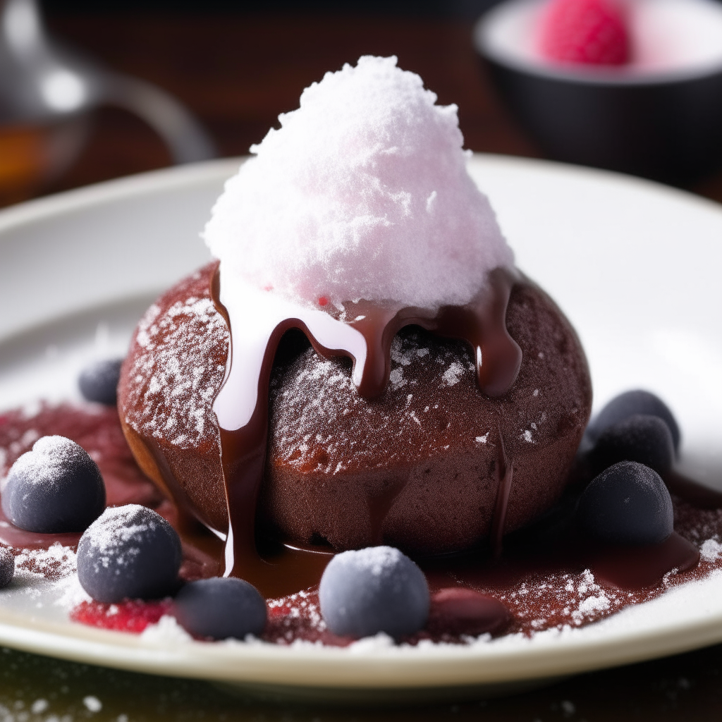 A chocolate lava cake dusted with powdered sugar, served with ice cream and berries