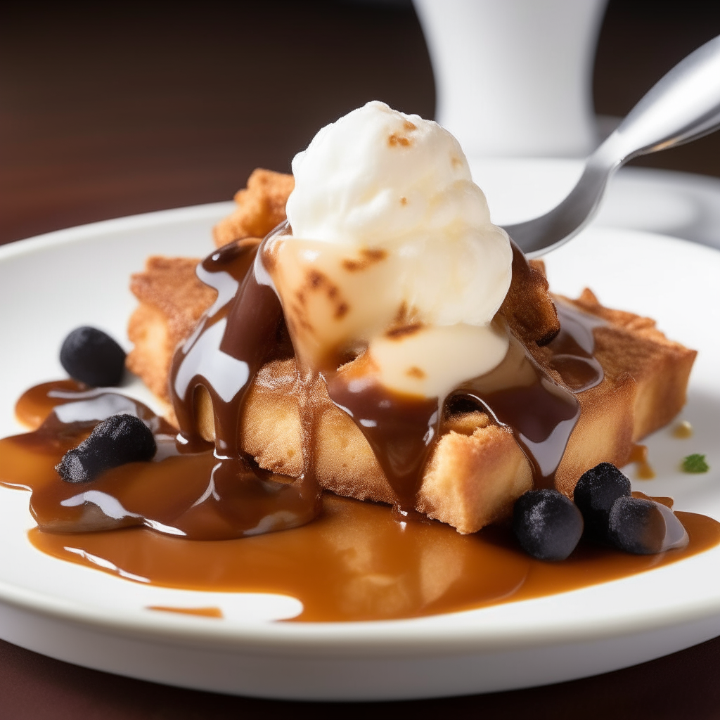 A plate of bread pudding drizzled with caramel sauce, served with vanilla ice cream, raisins and cinnamon