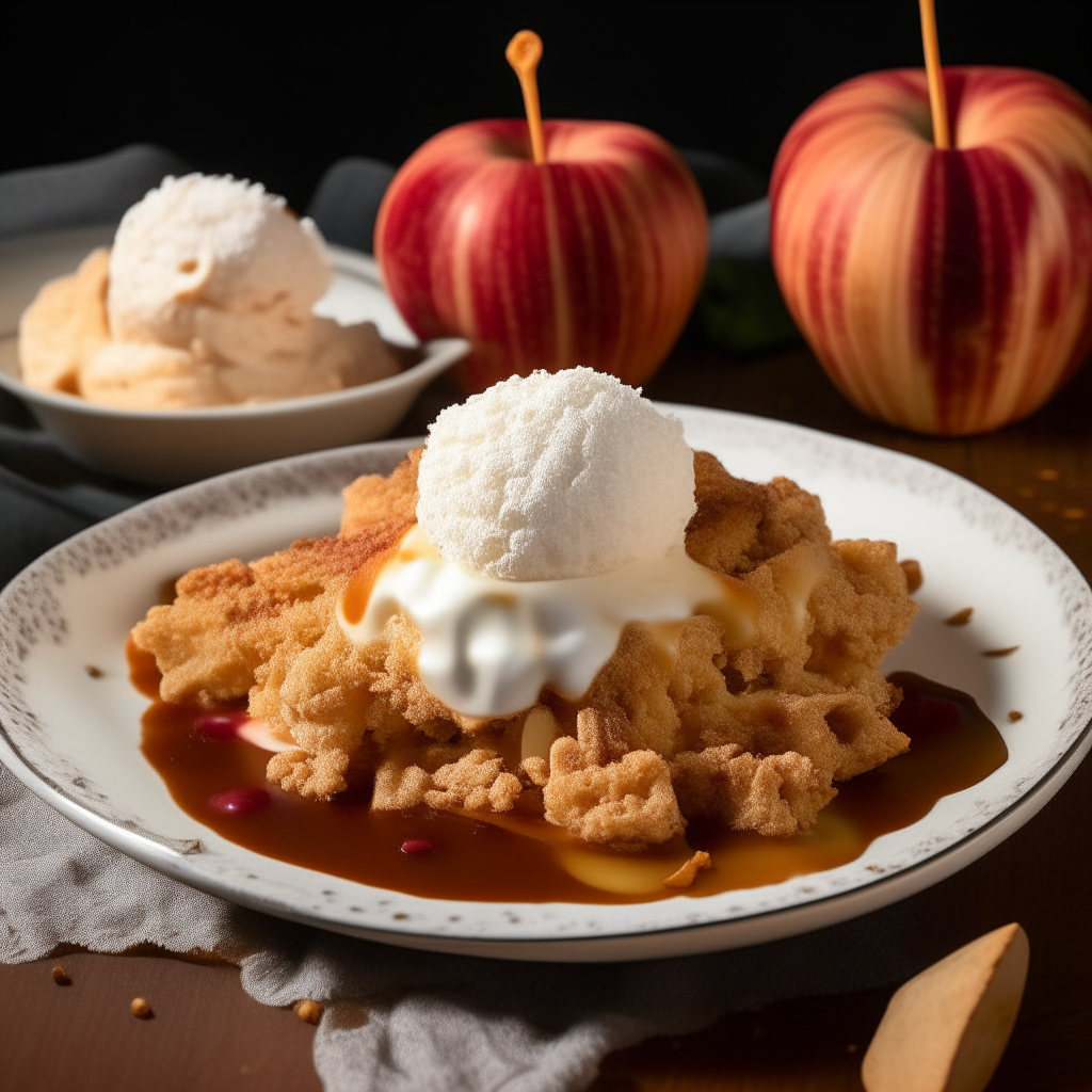 A plate of apple crisp topped with vanilla ice cream and fall decorations