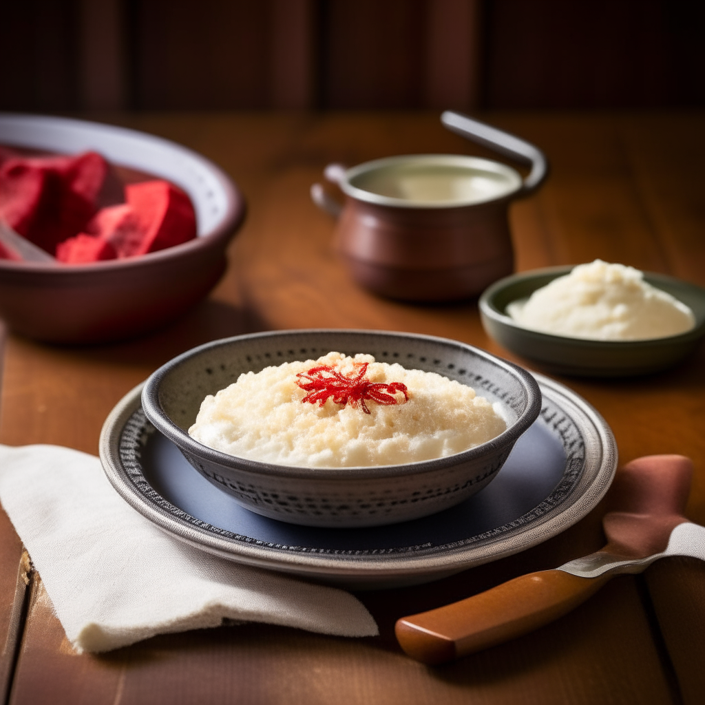 A vintage style porcelain plate with rice pudding, cinnamon, nutmeg, an american flag and wooden table in the background