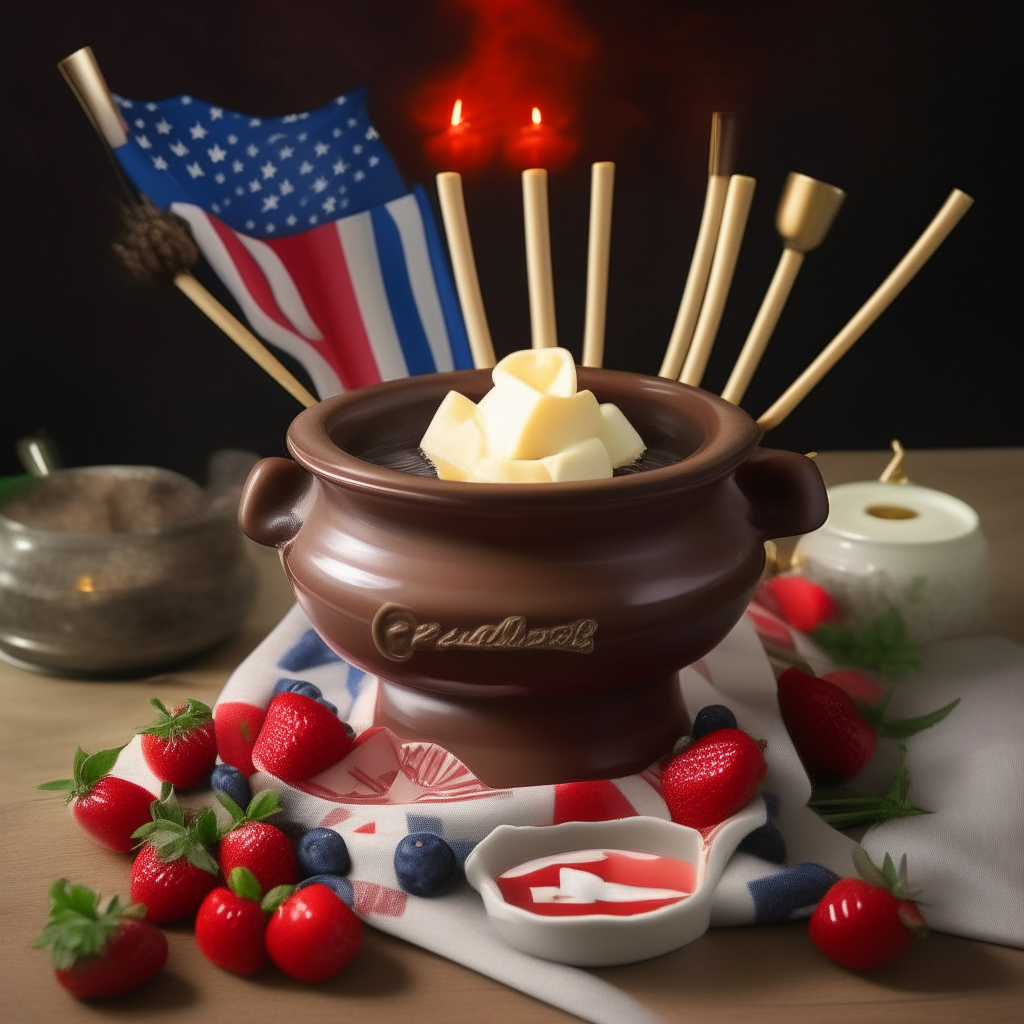 A vintage ceramic fondue pot filled with melted chocolate, surrounded by strawberries, bananas, marshmallows, candles and american flag decorations