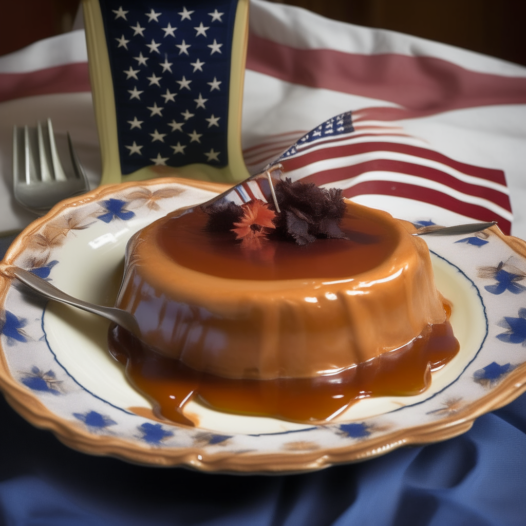 A caramel flan on an antique plate decorated with american flags and silverware