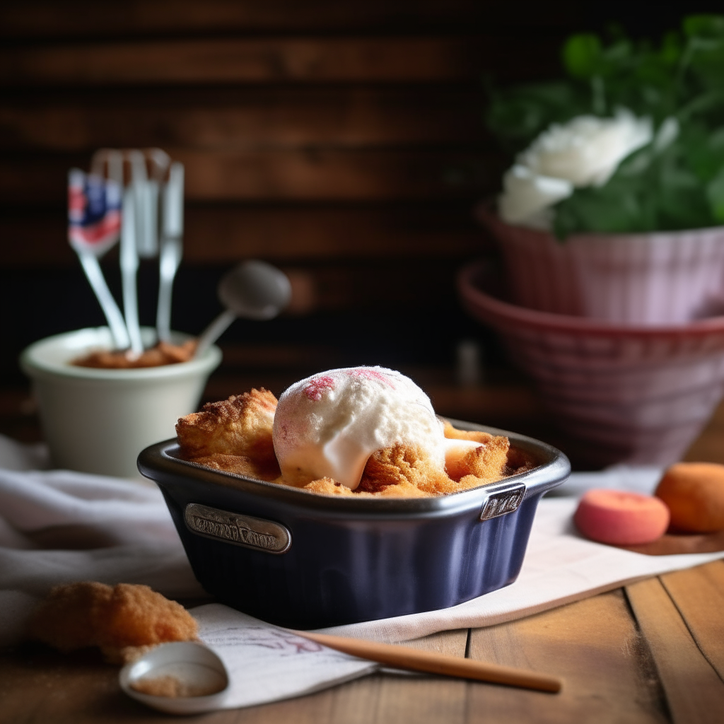 A peach cobbler with ice cream on a rustic table with an american flag in the background