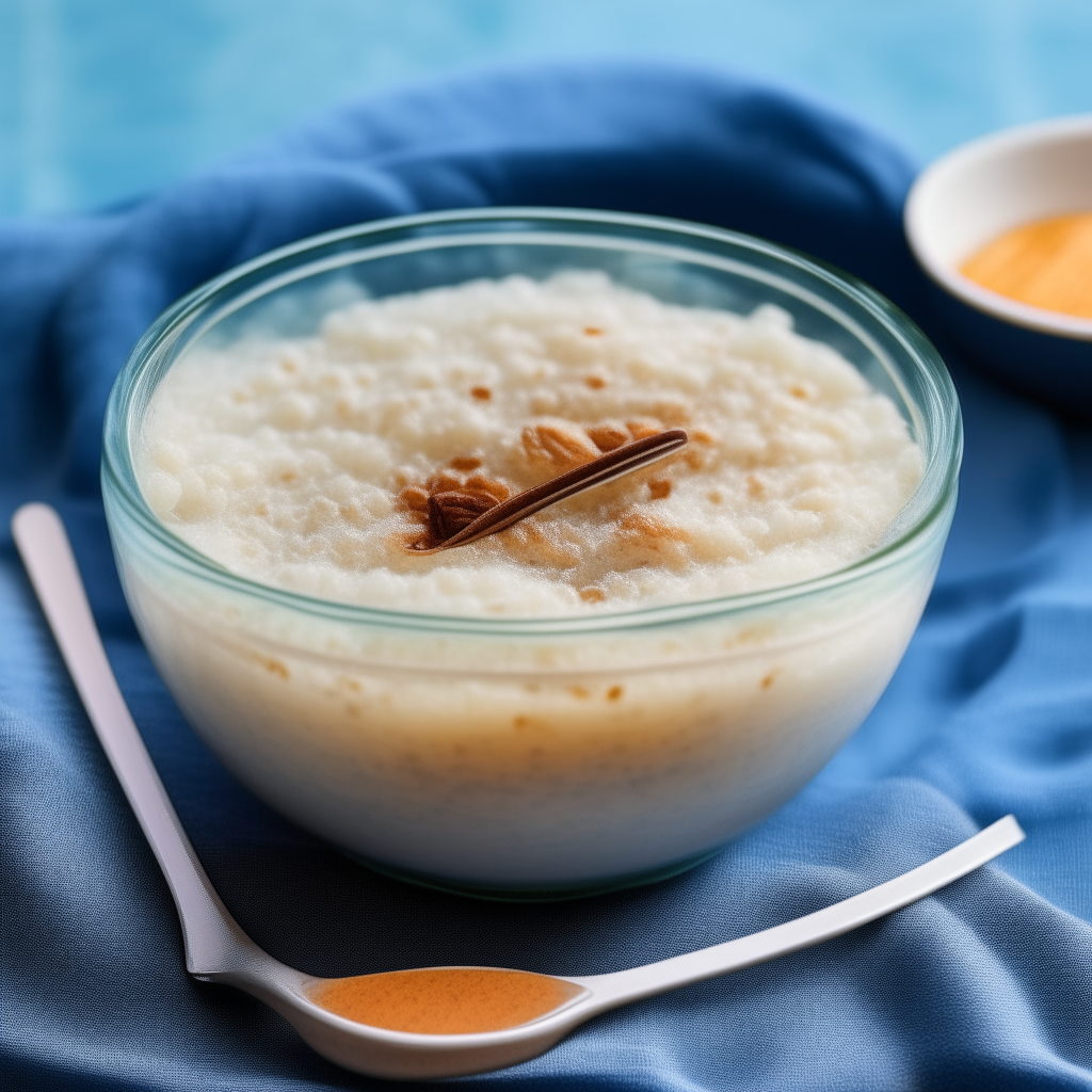 A glass bowl of tapioca pudding with cinnamon, on a lace doily with blue striped napkin and spoon