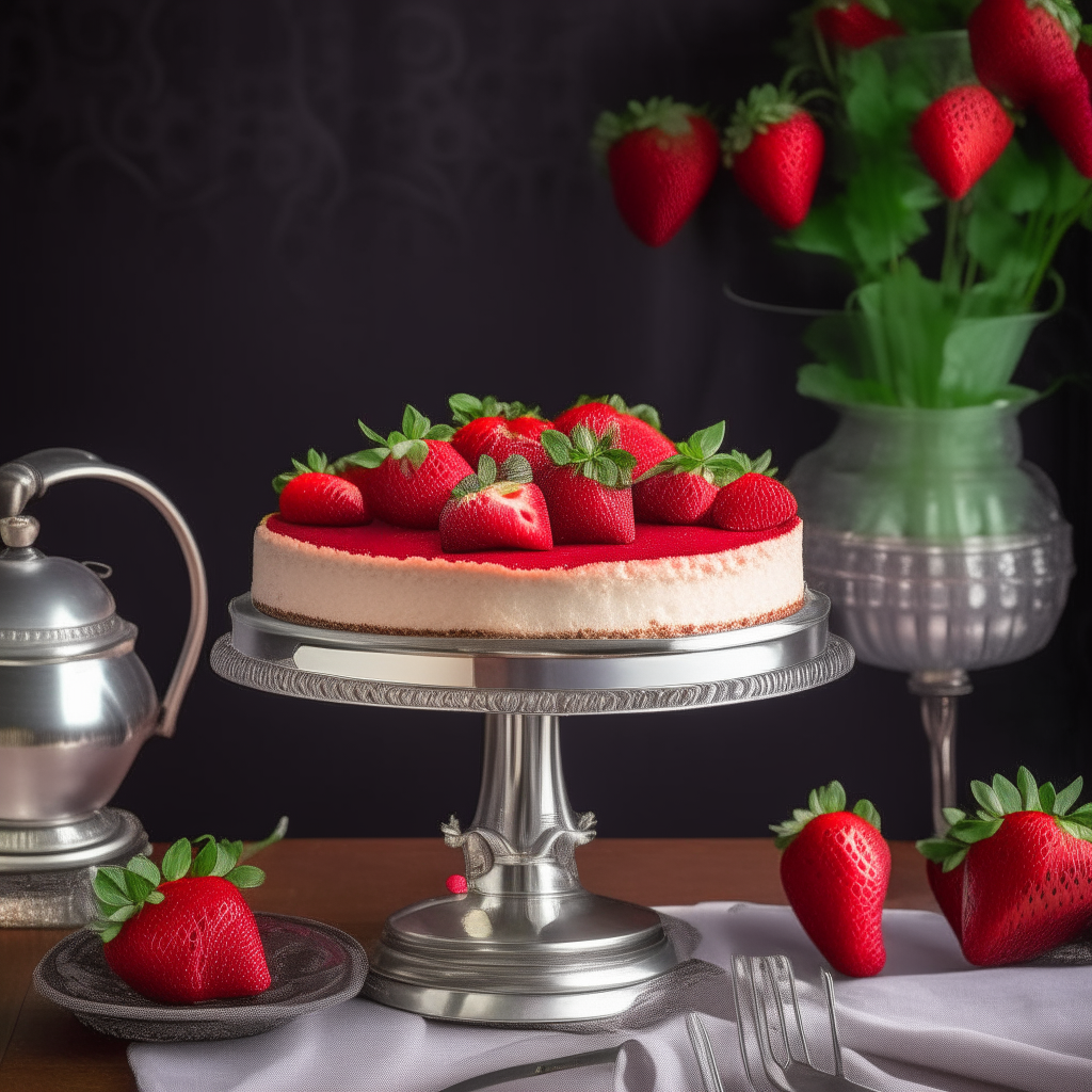 A strawberry cheesecake on a cake stand decorated with fresh strawberries and vintage silverware