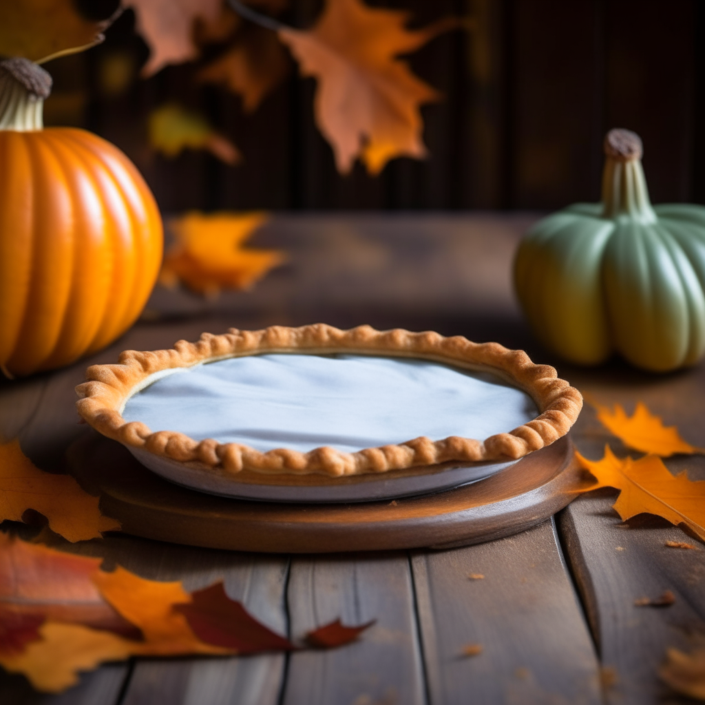 A homemade pumpkin pie with whipped cream on a rustic wooden table with fall leaves in the background