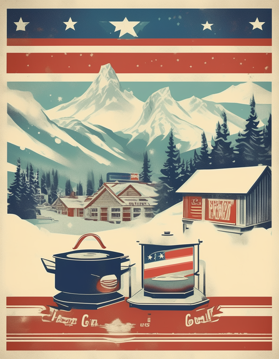 A vintage style poster depicting a snowy american town with mountains, slow cooker and american flags