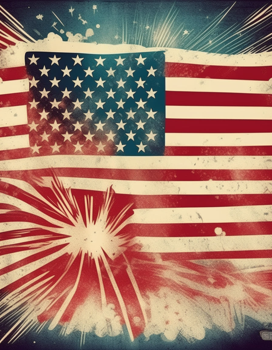 A vintage American flag poster with fireworks