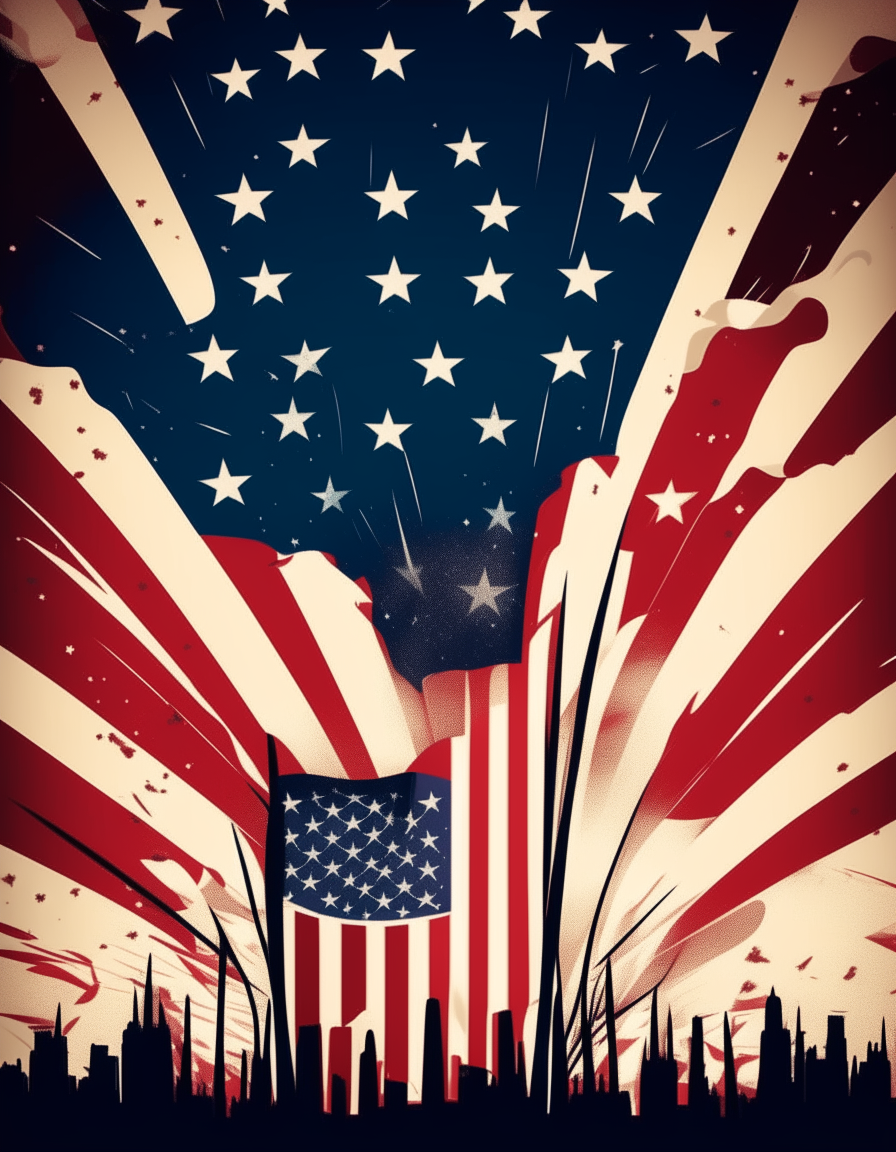 An American flag poster in Batman cartoon style with fireworks