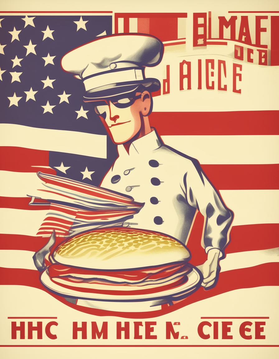 A vintage style poster with an american flag background, red and white striped border, and text saying Home Cooking in America with a chef holding a burger and apple pie