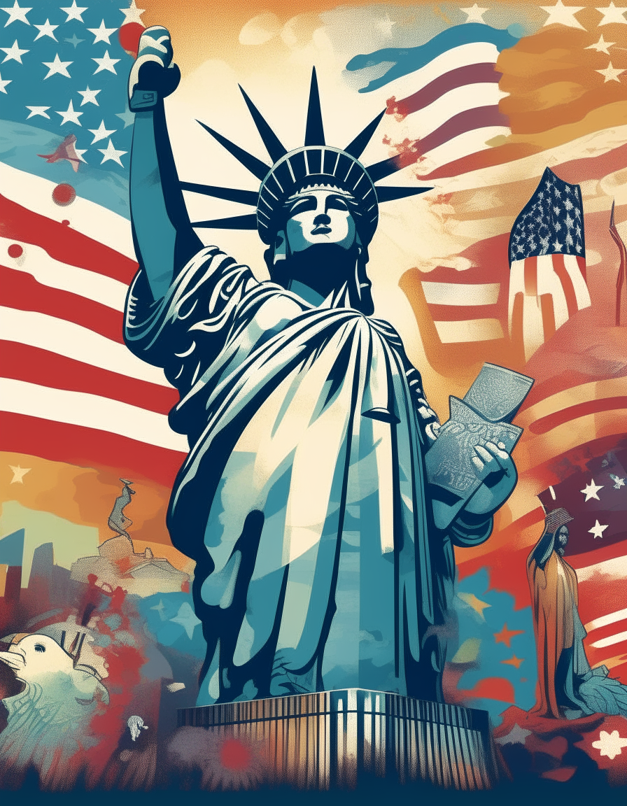 An 8.5 x 11 inch poster with an American flag background and patriotic symbols like fireworks, eagles, Statue of Liberty, and Mount Rushmore surrounding it