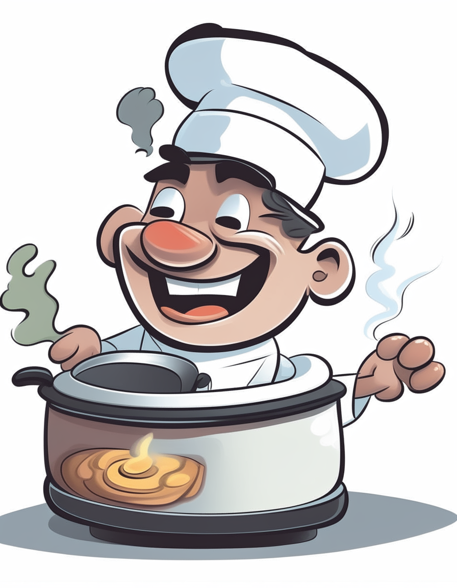 A cartoon chef happily cooking a meal in a slow cooker