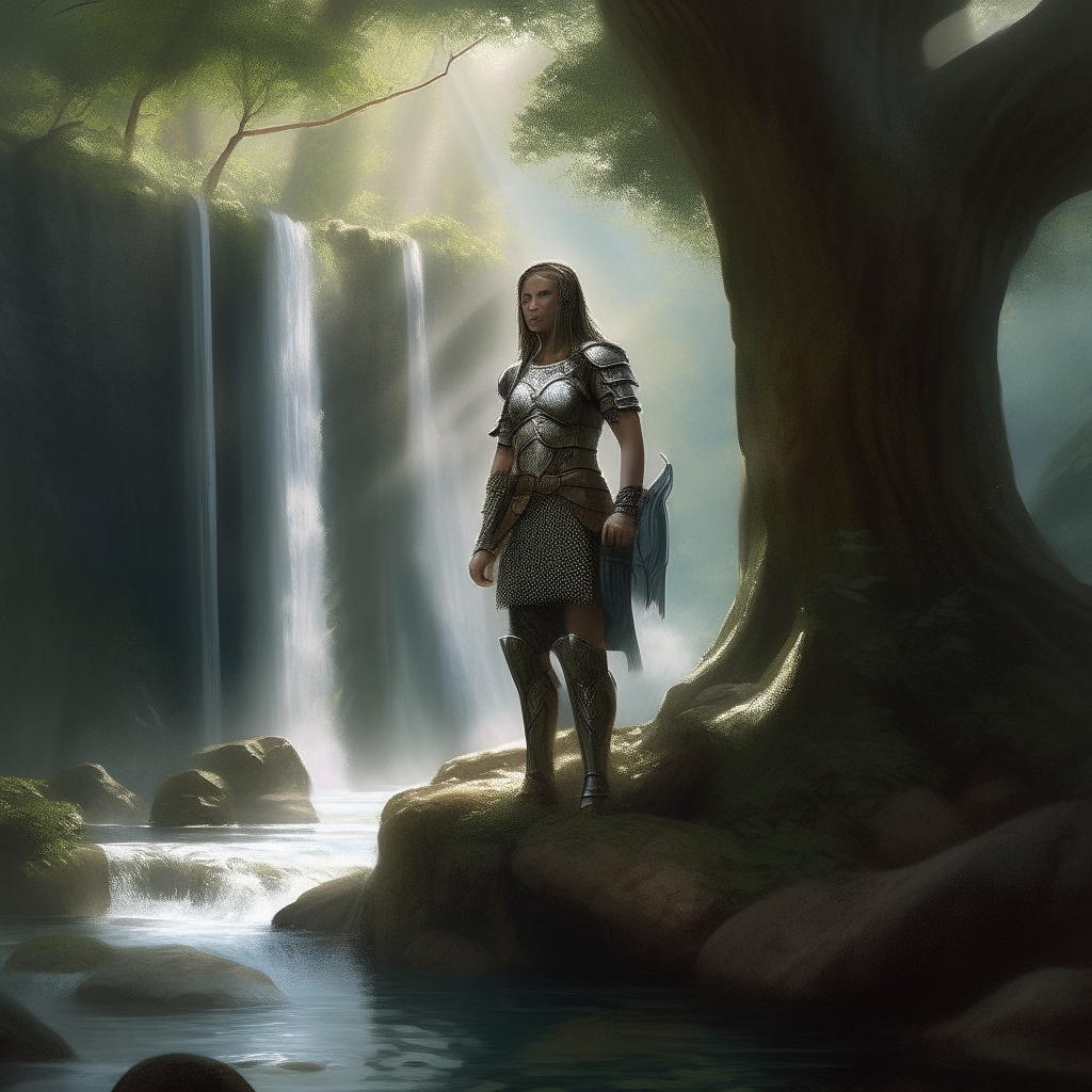 a photorealistic painting of a young female warrior standing under a waterfall in a fantasy forest, wearing only light armor and relaxing with her shield resting against a tree after her last battle