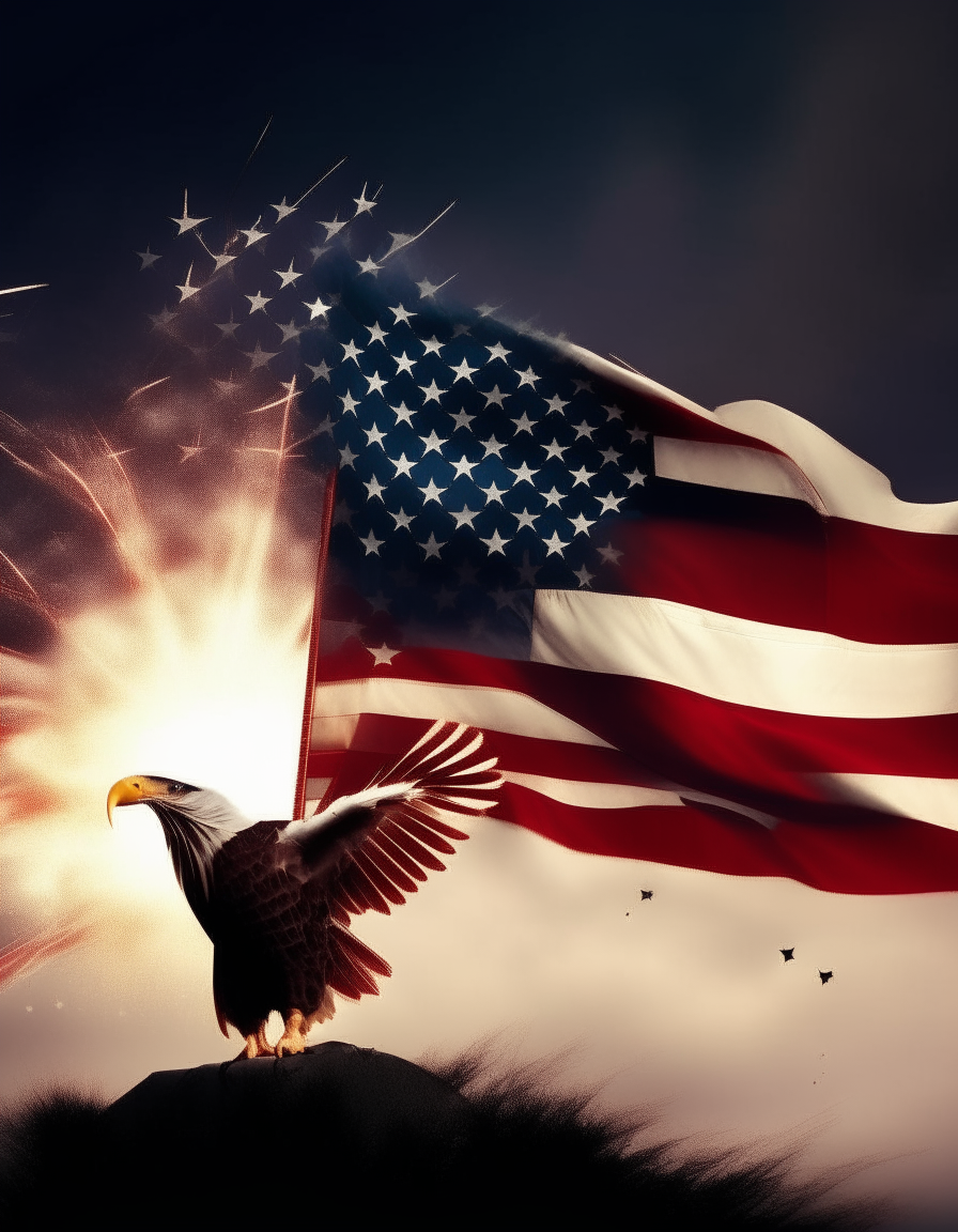 An American flag waving in the wind with fireworks and eagles in the sky