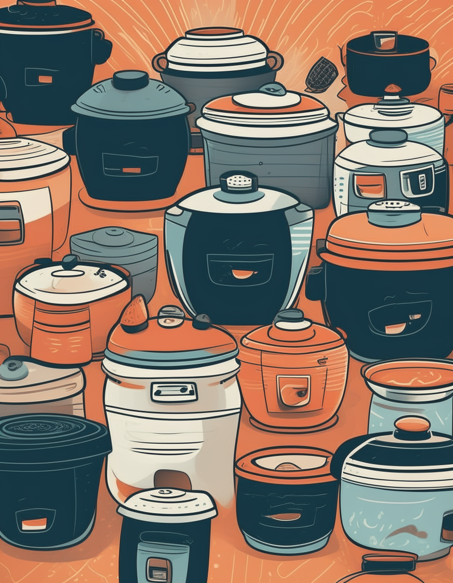 A cartoon poster with a tiled pattern of many slow cookers