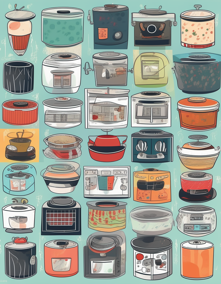 A cartoon poster with many different slow cooker recipes tiled in a grid pattern