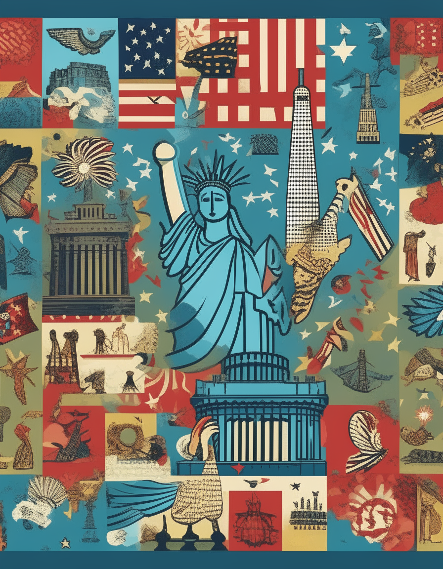 A cartoon style poster with many small icons like flags, fireworks, eagles, Statue of Liberty tiled in a grid pattern