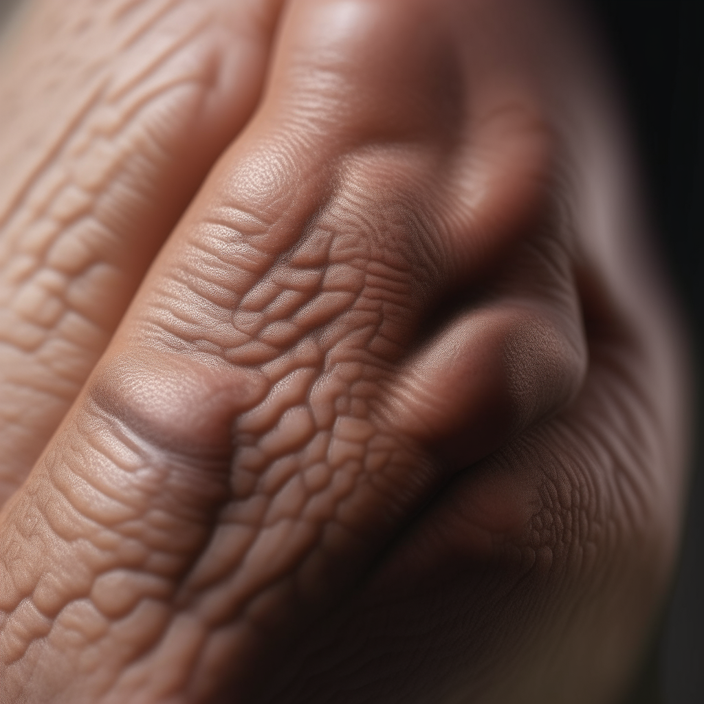 a photorealistic macro photograph of human skin on the back of a hand, showing pores, lines and texture in sharp focus