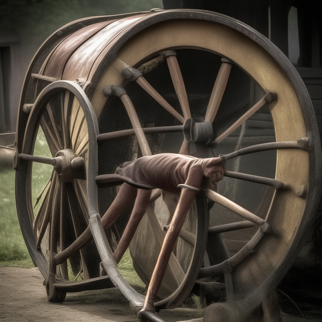 turning the old wheel of a horse-drawn cart